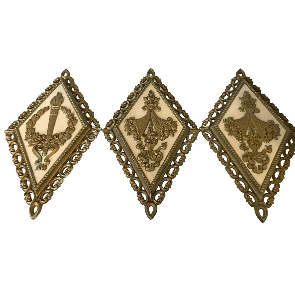 3‎ Vintage MCM Homco Syroco Gold Diamond Shape Wall Decor Plaques USA READ DESC